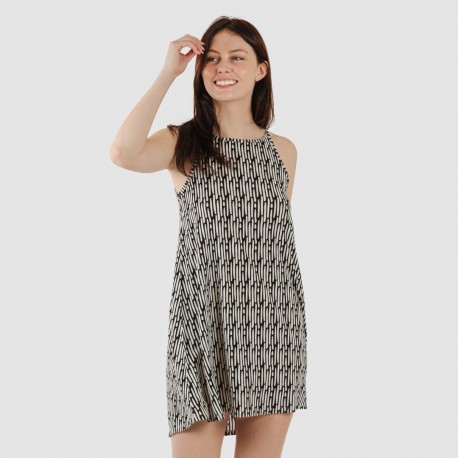 Vestido curto de alças em crepe Malibu bege - preto vestidos-mulher