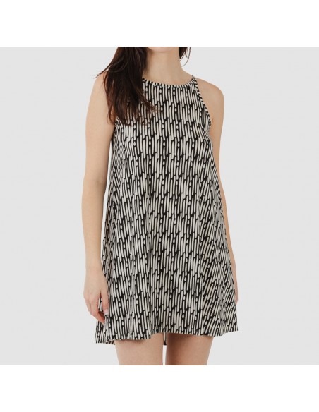 Vestido curto de alças em crepe Malibu bege - preto vestidos-mulher