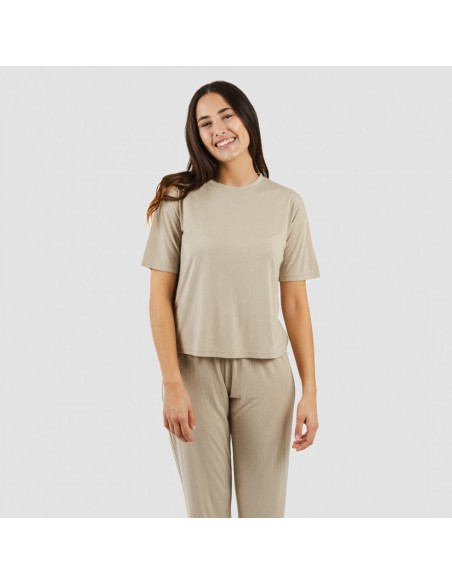 Pijama comprido manga curta viscosa mulher liso pijamas-compridos-de-mulher