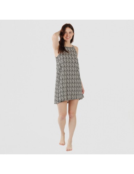 Vestido curto de alças em crepe Malibu bege - preto vestidos-mulher