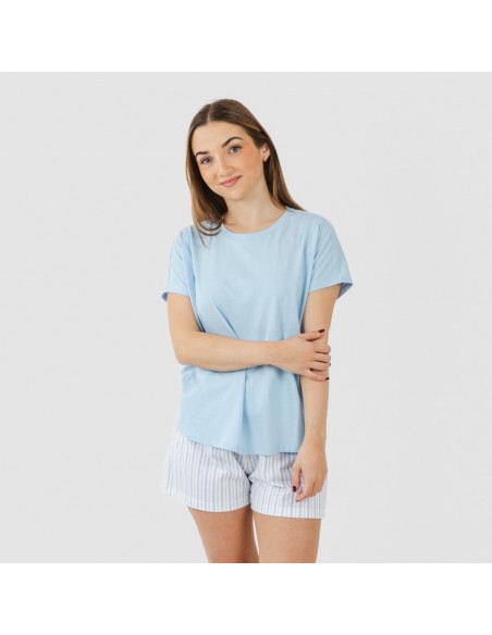 Pijama curto manga fluída algodão mulher Bennet azul celeste pijamas-curtos-mulher