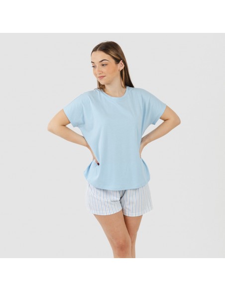 Pijama curto manga fluída algodão mulher Bennet azul celeste pijamas-curtos-mulher