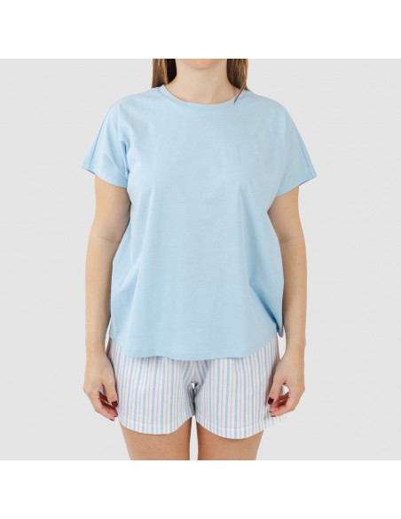 Pijama curto manga fluída algodão mulher Bennet azul celeste pijamas-curtos-mulher