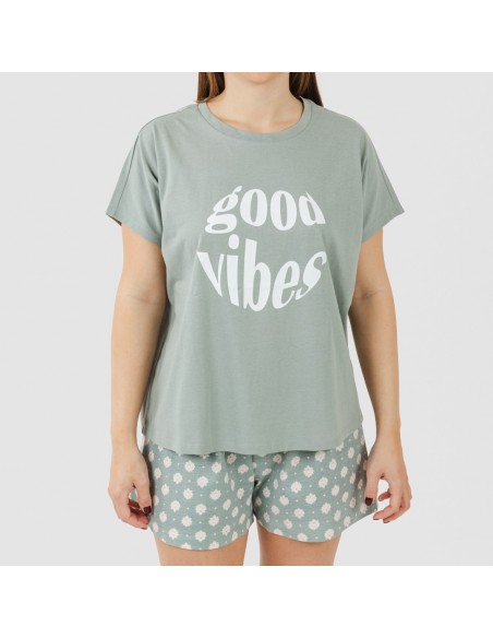 Pijama curto manga fluída algodão mulher Irati verde caça pijamas-curtos-mulher
