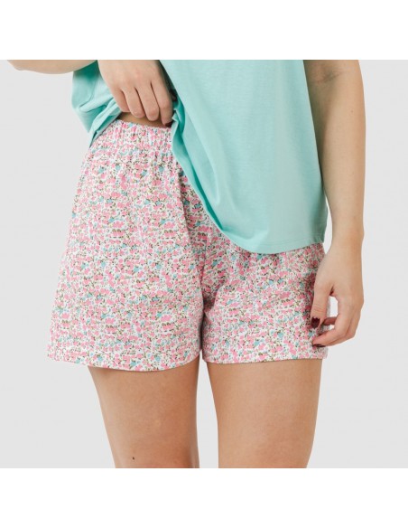 Pijama curto manga fluída algodão mulher Salima verde água pijamas-curtos-mulher