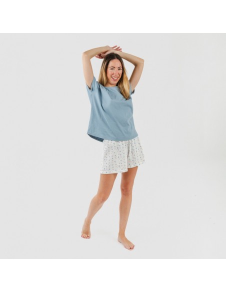 Pijama curto manga fluída algodão mulher Ines azul indigo pijamas-curtos-mulher