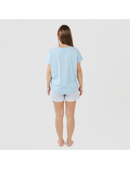 Pijama curto manga fluída algodão mulher Bennet azul celeste pijamas-curtos-mulher