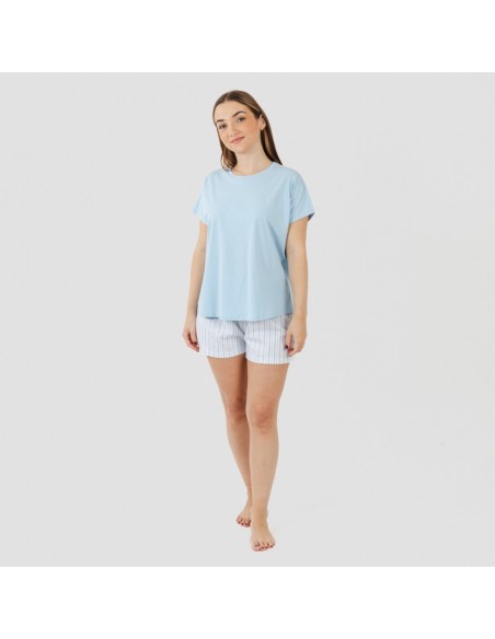 Pijama curto manga fluída algodão mulher Bennet azul celeste pijamas-curtos-mulher
