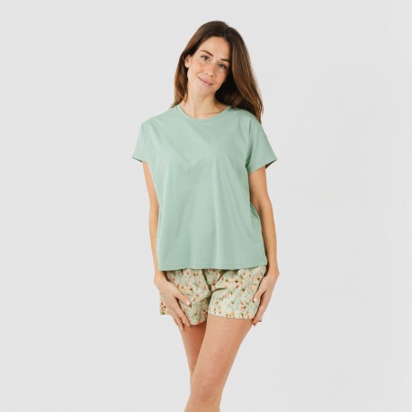 Pijama curto manga fluida algodão mulher Pamela verde pijamas-curtos-mulher