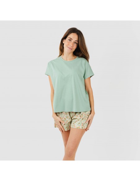 Pijama curto manga fluida algodão mulher Pamela verde pijamas-curtos-mulher