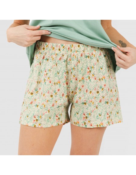 Pijama curto manga fluida algodão mulher Pamela verde pijamas-curtos-mulher