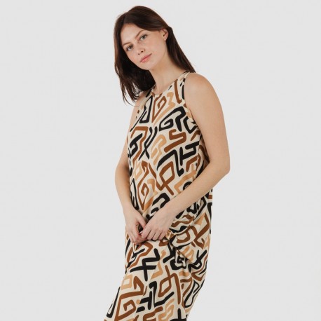 Vestido comprido alças crepe Domeka castanho - preto vestidos-mulher