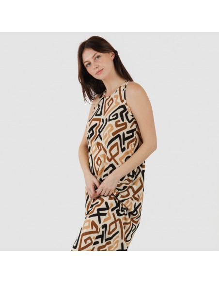 Vestido comprido alças crepe Domeka castanho - preto vestidos-mulher