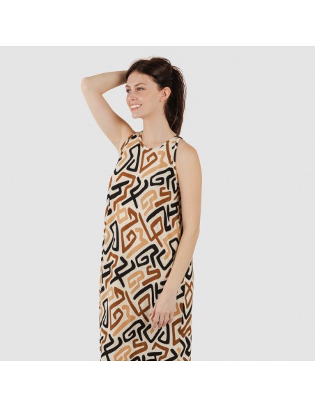 Vestido comprido alças crepe Domeka castanho - preto vestidos-mulher