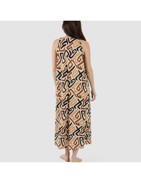 Vestido comprido alças crepe Domeka castanho - preto vestidos-mulher