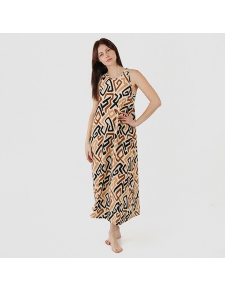 Vestido comprido alças crepe Domeka castanho - preto vestidos-mulher