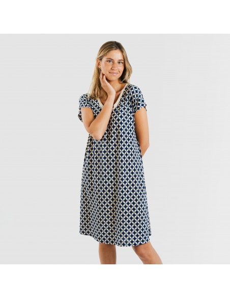 Vestido curto manga fluída crepe Ohio azul marinho vestidos-mulher