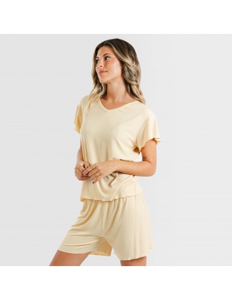 Pijama curto de manga curta mulher canelado viscosa liso pijamas-y-robe