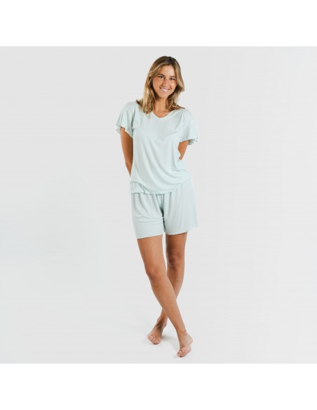 Pijama curto de manga curta mulher canelado viscosa liso pijamas-y-robe