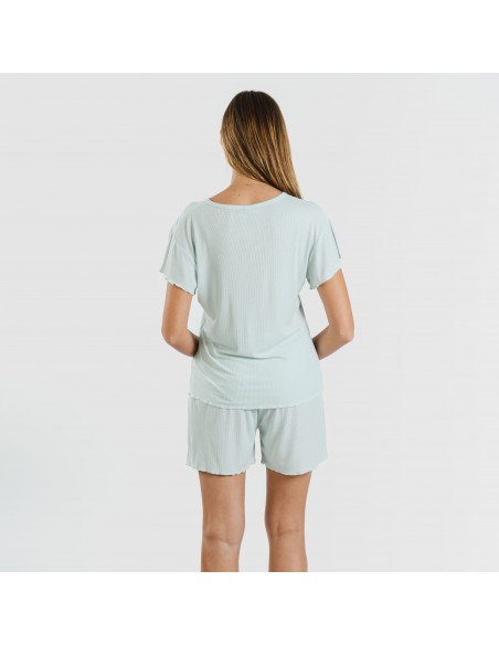 Pijama curto de manga curta mulher canelado viscosa liso pijamas-y-robe