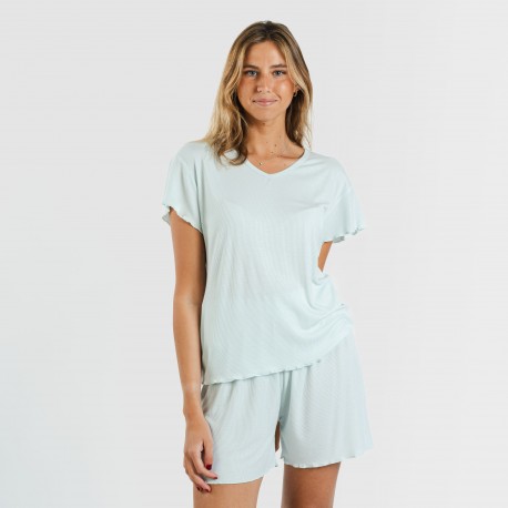 Pijama curto de manga curta mulher canelado viscosa liso pijamas-y-robe