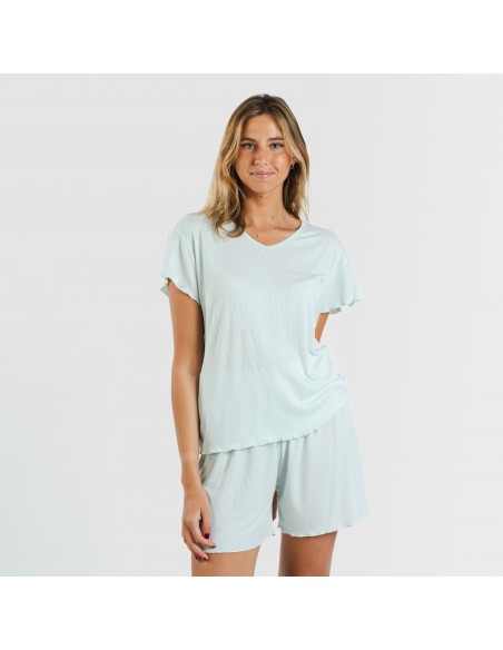 Pijama curto de manga curta mulher canelado viscosa liso pijamas-y-robe