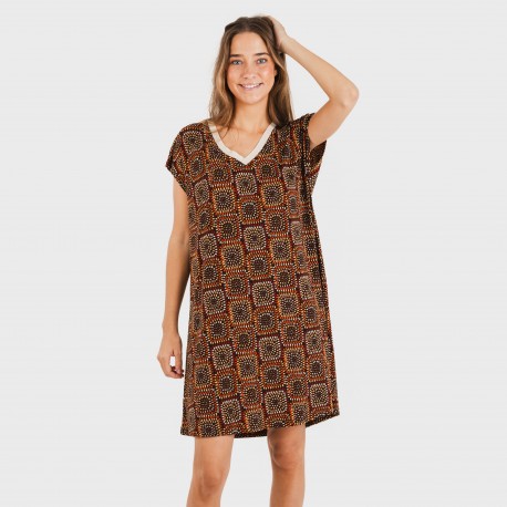 Vestido curto manga fluida crepe Liviana cor telha roupa-para-estar-por-casa