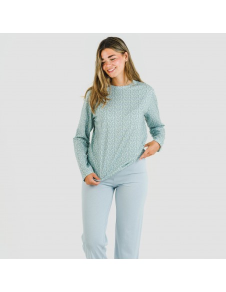 Pijama algodão Cris azul celeste pijamas-compridos-de-mulher