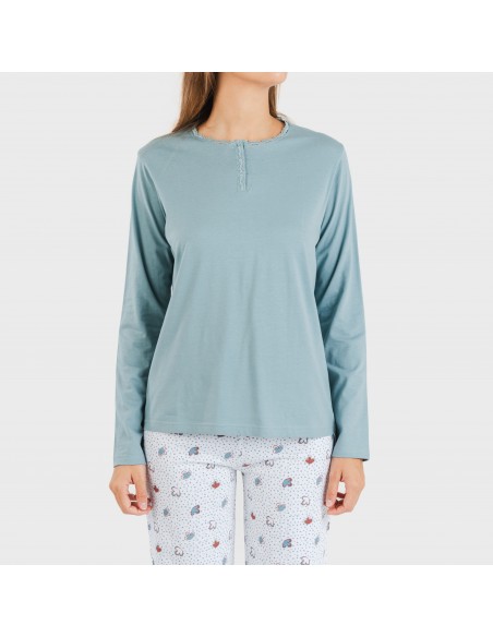 Pijama algodão Marquitos verde azulado pijamas-compridos-de-mulher