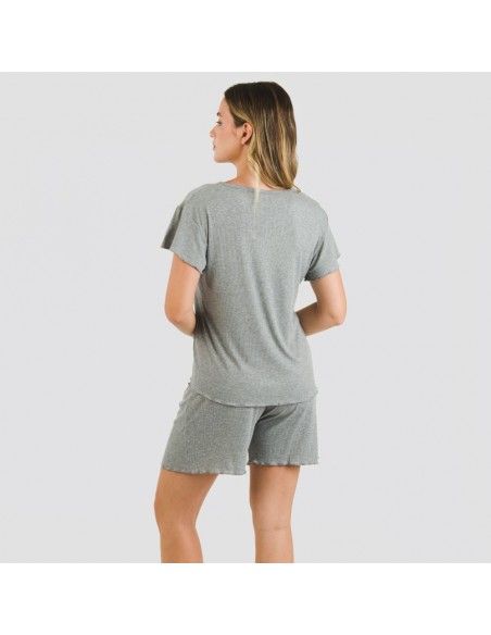 Pijama curto de manga curta mulher canelado viscosa liso pijamas-y-robe