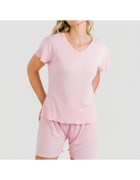 Pijama curto de manga curta mulher canelado viscosa liso pijamas-y-robe