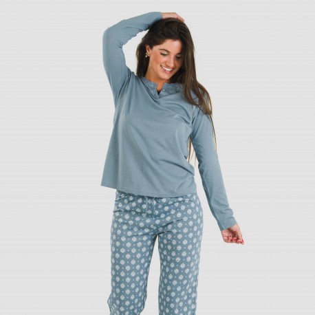 Pijama algodão Irati azul indigo pijamas-compridos-de-mulher