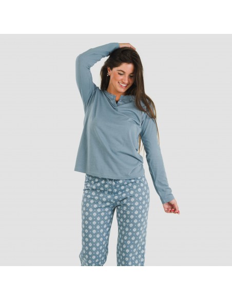 Pijama algodão Irati azul indigo pijamas-compridos-de-mulher