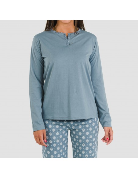 Pijama algodão Irati azul indigo pijamas-compridos-de-mulher