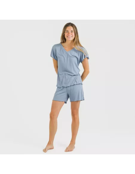 Pijama curto de manga curta mulher canelado viscosa liso pijamas-y-robe