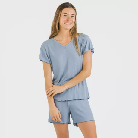 Pijama curto de manga curta mulher canelado viscosa liso pijamas-y-robe