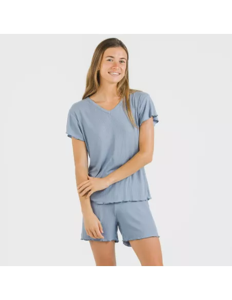 Pijama curto de manga curta mulher canelado viscosa liso pijamas-y-robe