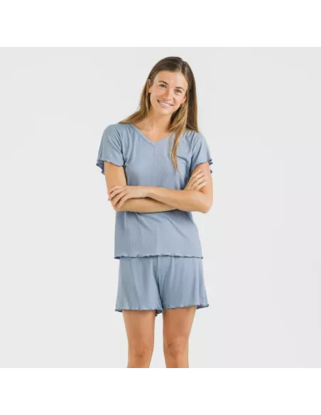 Pijama curto de manga curta mulher canelado viscosa liso pijamas-y-robe