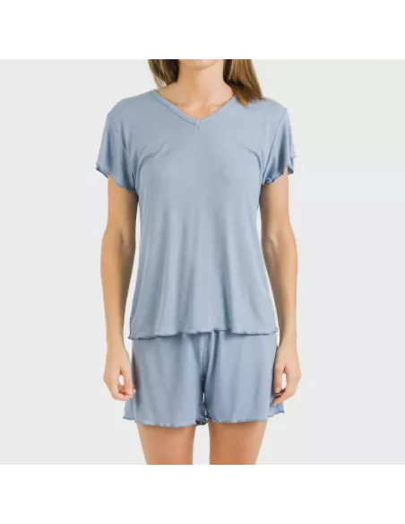 Pijama curto de manga curta mulher canelado viscosa liso pijamas-y-robe