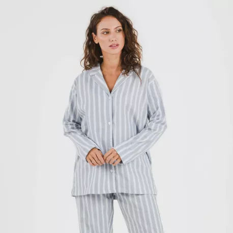 Pijama flanela com lapela mulhe Raya Marsella azul indigo pijama-inverno-mulher