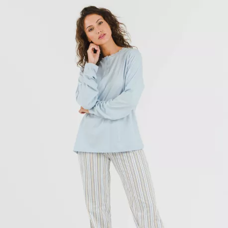 Pijama algodão Raya Bill azul celeste pijamas-compridos-de-mulher