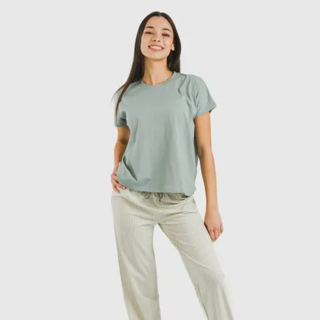 Pijama comprido algodão mulher manga fluída Sarananda cinza verdoso pijamas-compridos-de-mulher