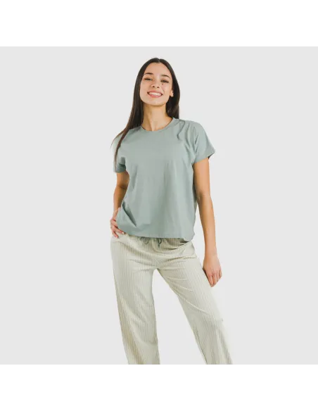 Pijama comprido algodão mulher manga fluída Sarananda cinza verdoso pijamas-compridos-de-mulher