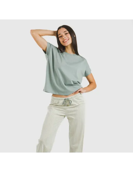 Pijama comprido algodão mulher manga fluída Sarananda cinza verdoso pijamas-compridos-de-mulher