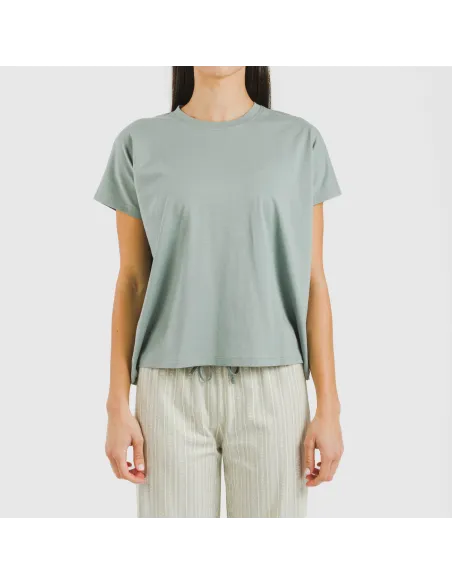 Pijama comprido algodão mulher manga fluída Sarananda cinza verdoso pijamas-compridos-de-mulher