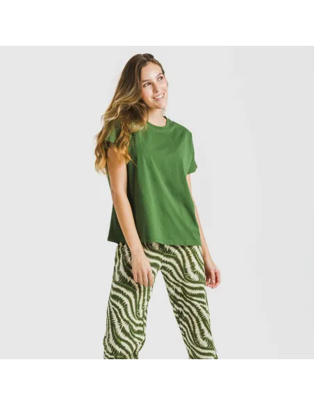Pijama comprido algodão mulher manga fluída Print verde caça pijamas-compridos-de-mulher