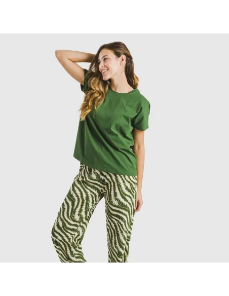 Pijama comprido algodão mulher manga fluída Print verde caça pijamas-compridos-de-mulher