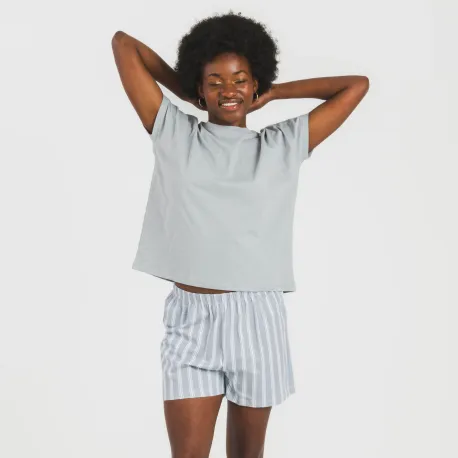 Pijama curto manga fluída algodão mulher Raya Marsella azul indigo pijamas-curtos-mulher