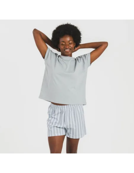 Pijama curto manga fluída algodão mulher Raya Marsella azul indigo pijamas-curtos-mulher