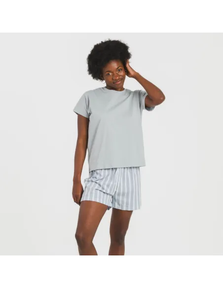 Pijama curto manga fluída algodão mulher Raya Marsella azul indigo pijamas-curtos-mulher